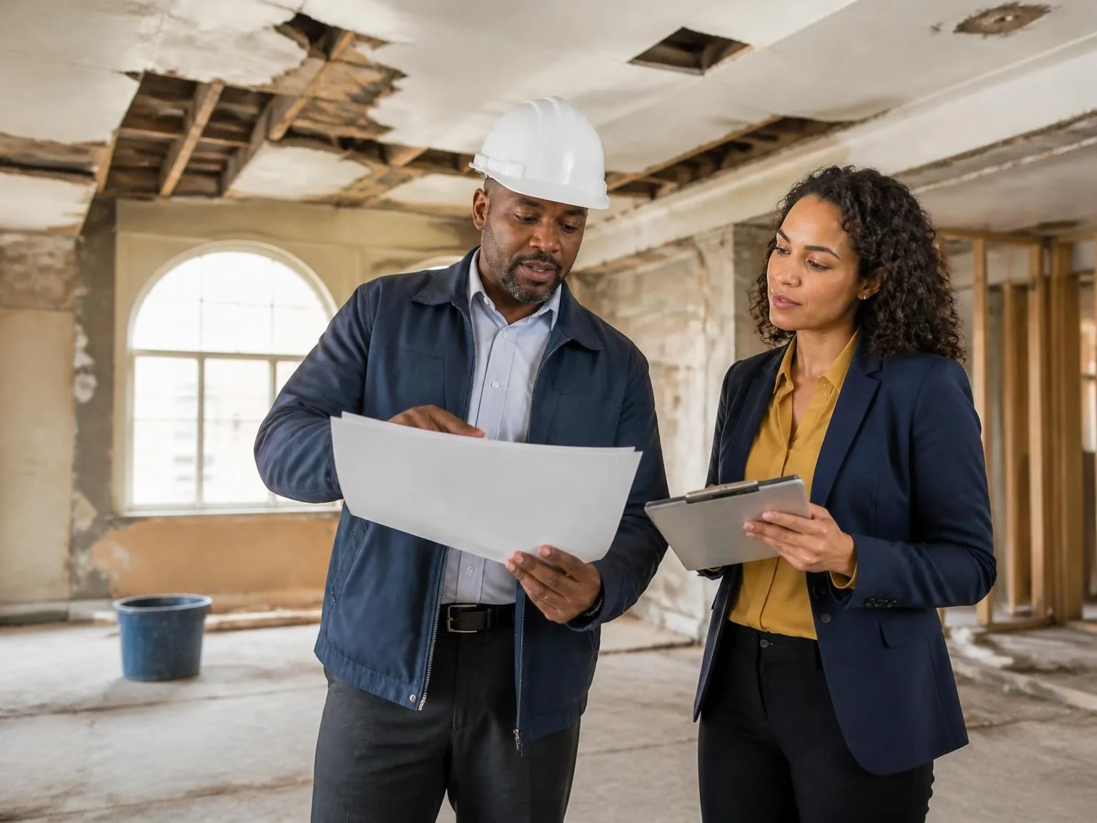 Two professionals reviewing a property restoration plan.